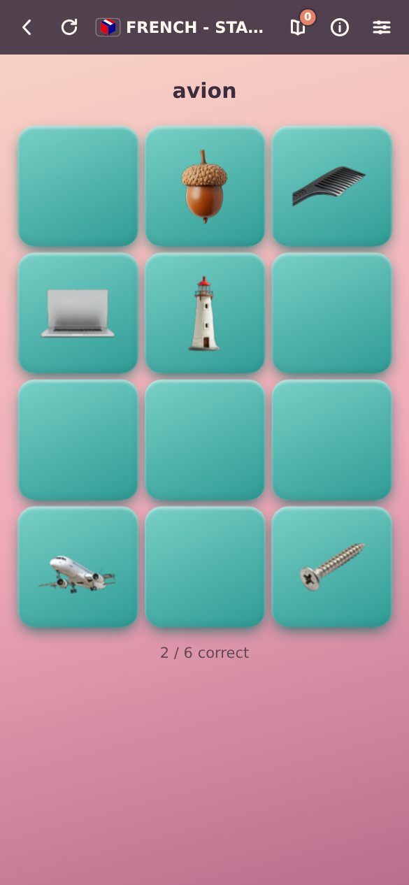 TapMagic asking the player to find the French word avion among picture tiles