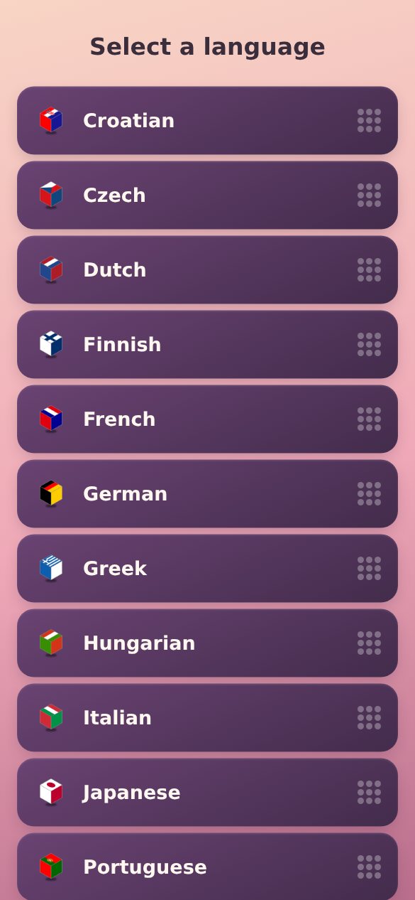 TapMagic language selection screen with flags for Croatian, Czech, Dutch, Finnish, French, German, Greek, Hungarian, Italian, Japanese and Portuguese