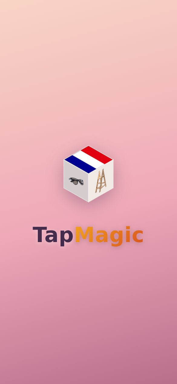 The TapMagic splash screen with its two-tone name and a spinning cube of flags and pictures